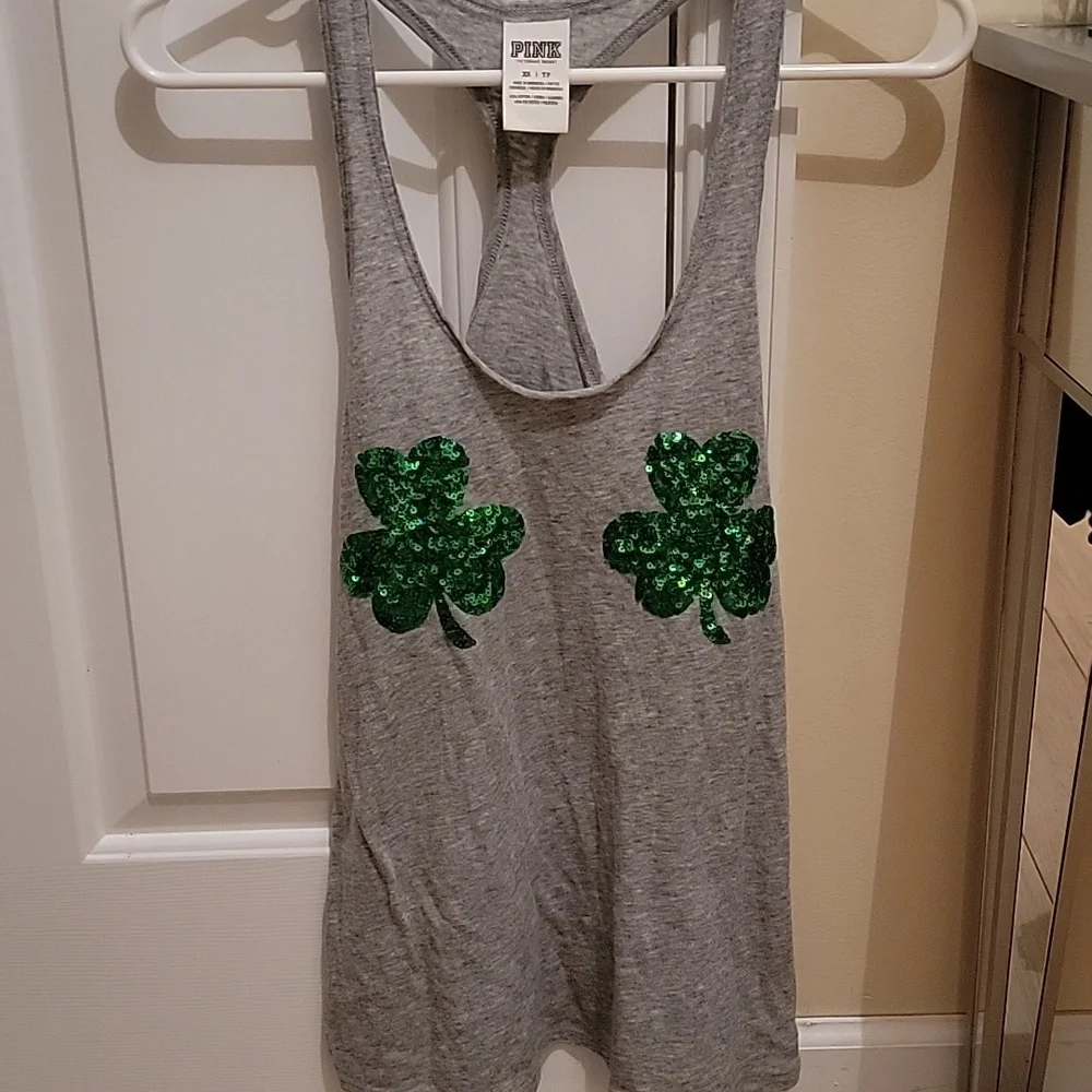 PINK Victoria's Secret Gray Tank Top With Green Sequin Shamrocks. XS. Bralette S - Picture 2 of 16
